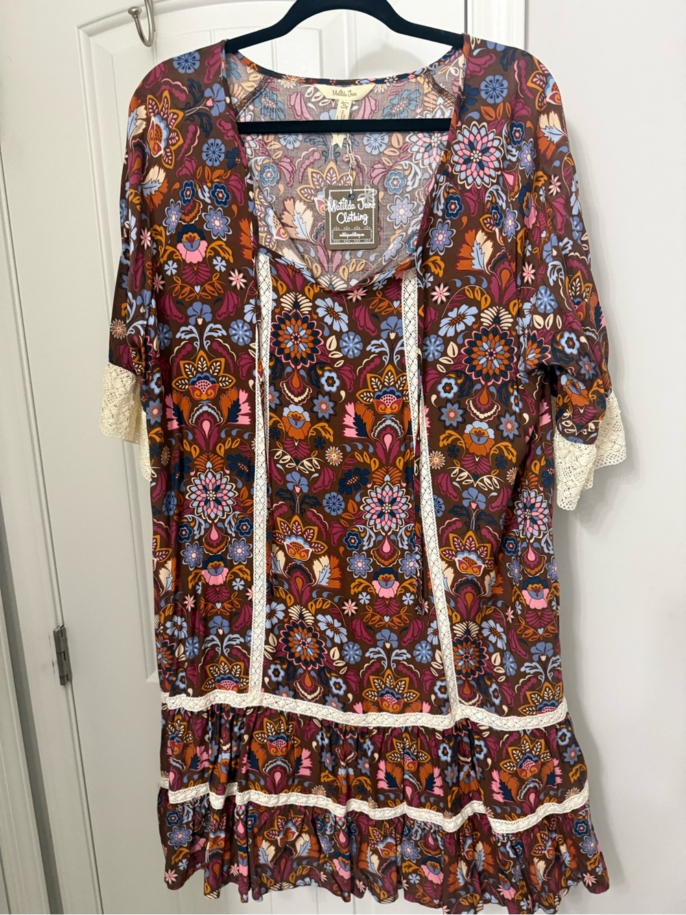 Matilda Jane Brown Floral Lace-Trim Tunic with Pink & Blue Accents